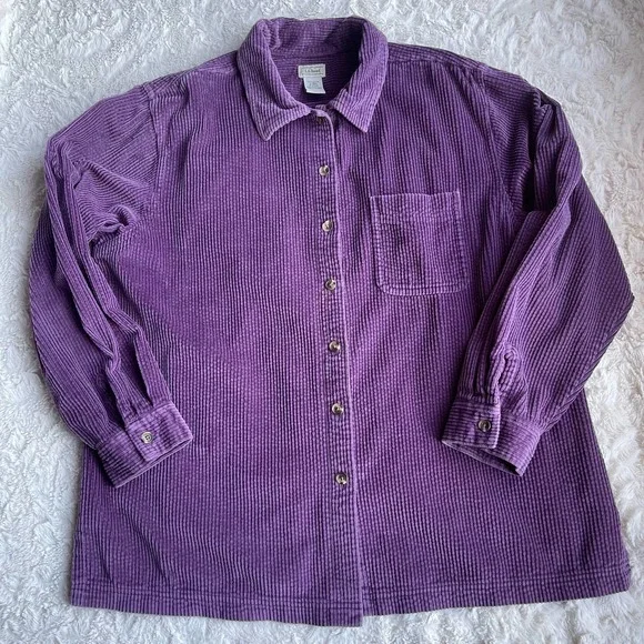 LL Bean wide wale corduroy aubergine purple button-down collared shirt L - Picture 6 of 17